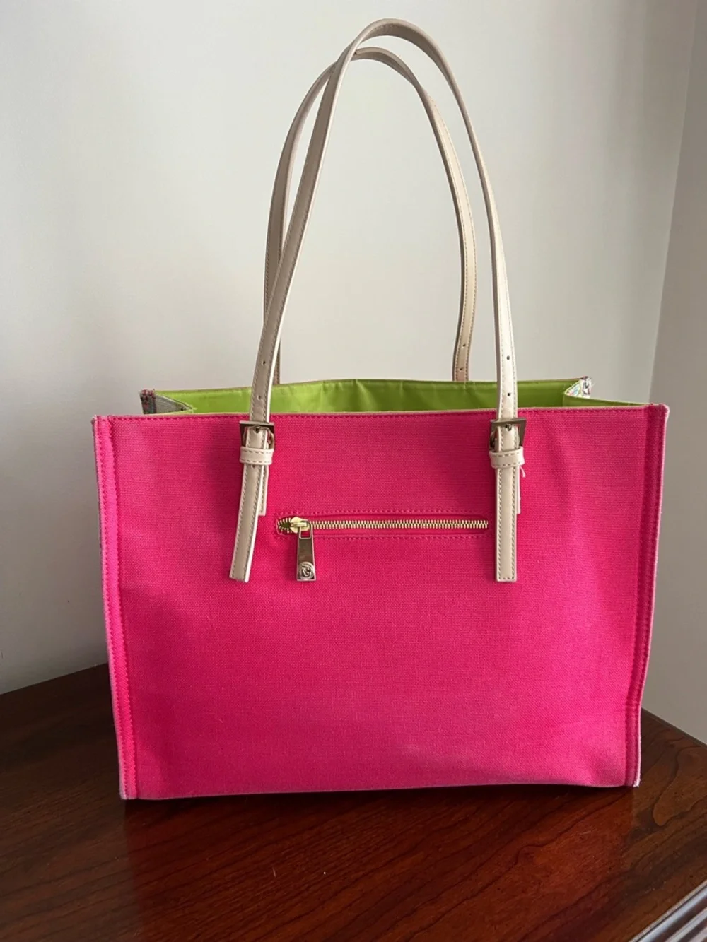 Spartina 449 Pink Pineapple Canvas Tote with Neutral Straps and Matching Wallet